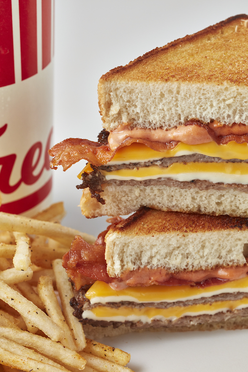 Freddy’s Grilled Cheese Steakburger with fries and drink