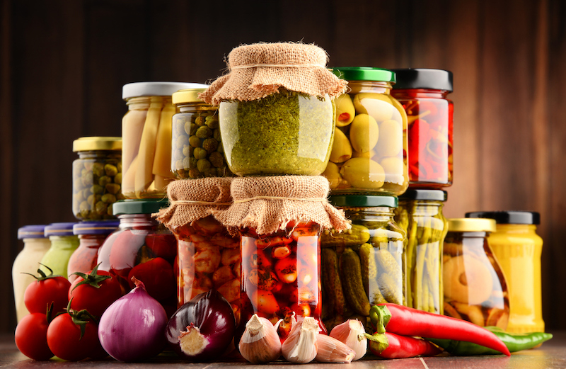 various pickled foods in jars