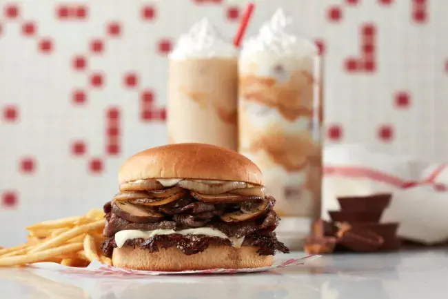 Freddy's Prime Steakburger, Reese's Caramel Peanut Butter Cup Concrete, and Reese's Creamy Peanut Butter Shake