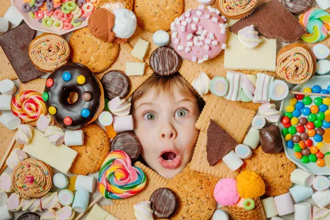 face of a child looking through a pile of sweet treats with a surprised expression