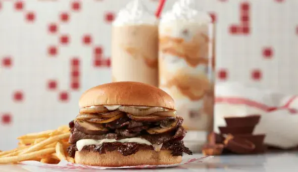 Freddy's Prime Steakburger, Reese's Caramel Peanut Butter Cup Concrete, and Reese's Creamy Peanut Butter Shake